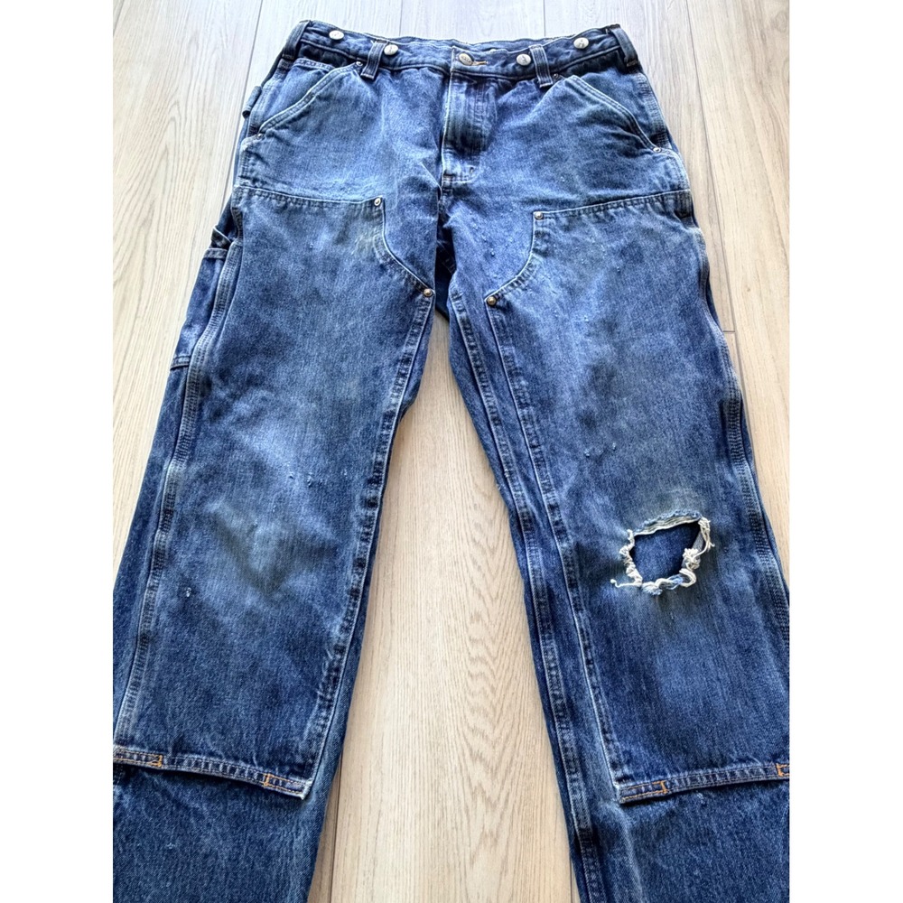 Carhartt Double Knee Logger Jeans Mens 31x28 Blue Distressed Raw Hem B07 STW - Picture 2 of 9